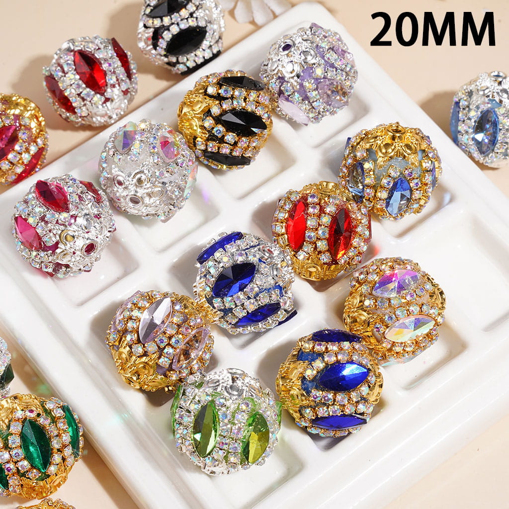 Hand-Made Acrylic Beads w Marquise Cut Rhinestones, Silver Gold Metal Setting & AB Rhinestone Chains, 20MM, Random Mix Multi-Color