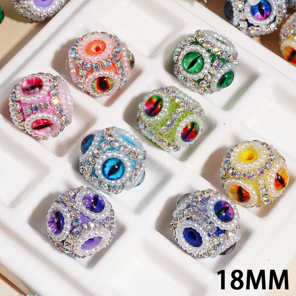 Hand-Made Acrylic Beads with Evil Eyes, AB Rhinestone and White Pearl Chains, 18MM Multi-Color Random Mix