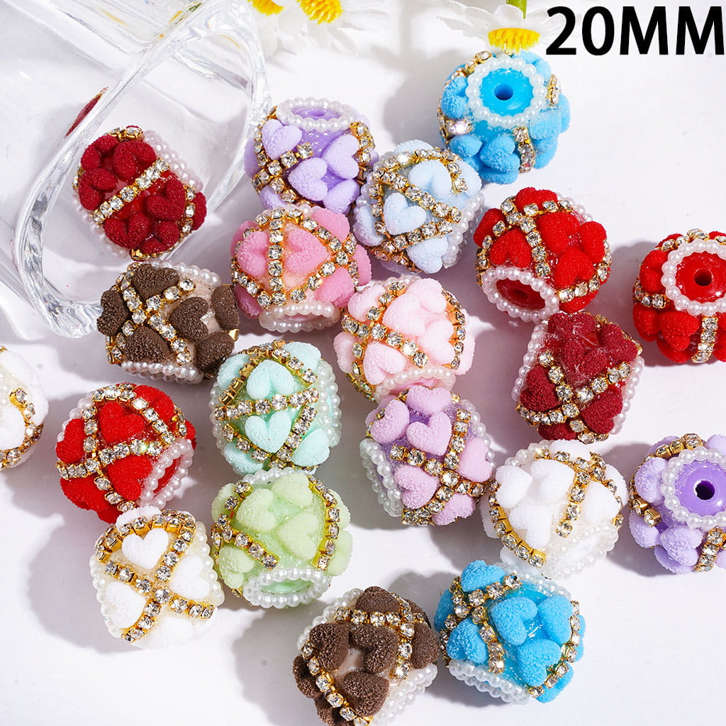 Handmade Acrylic Beads with Frosted Hearts, Gold Alloy Chains with Clear Rhinestones & White Pearl Chains, 20MM Multi-Color Random Mix