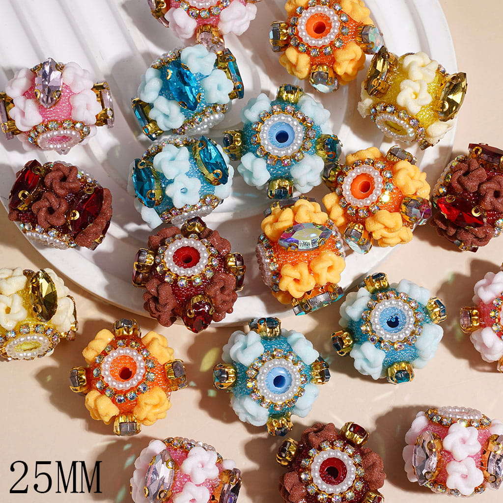 Handmade Acrylic Bubbles Beads with Frosted Star Marquise Cut Rhinestones, White Pearl & AB Rhinestone Chains, 25MM Random Mix Multi-Color