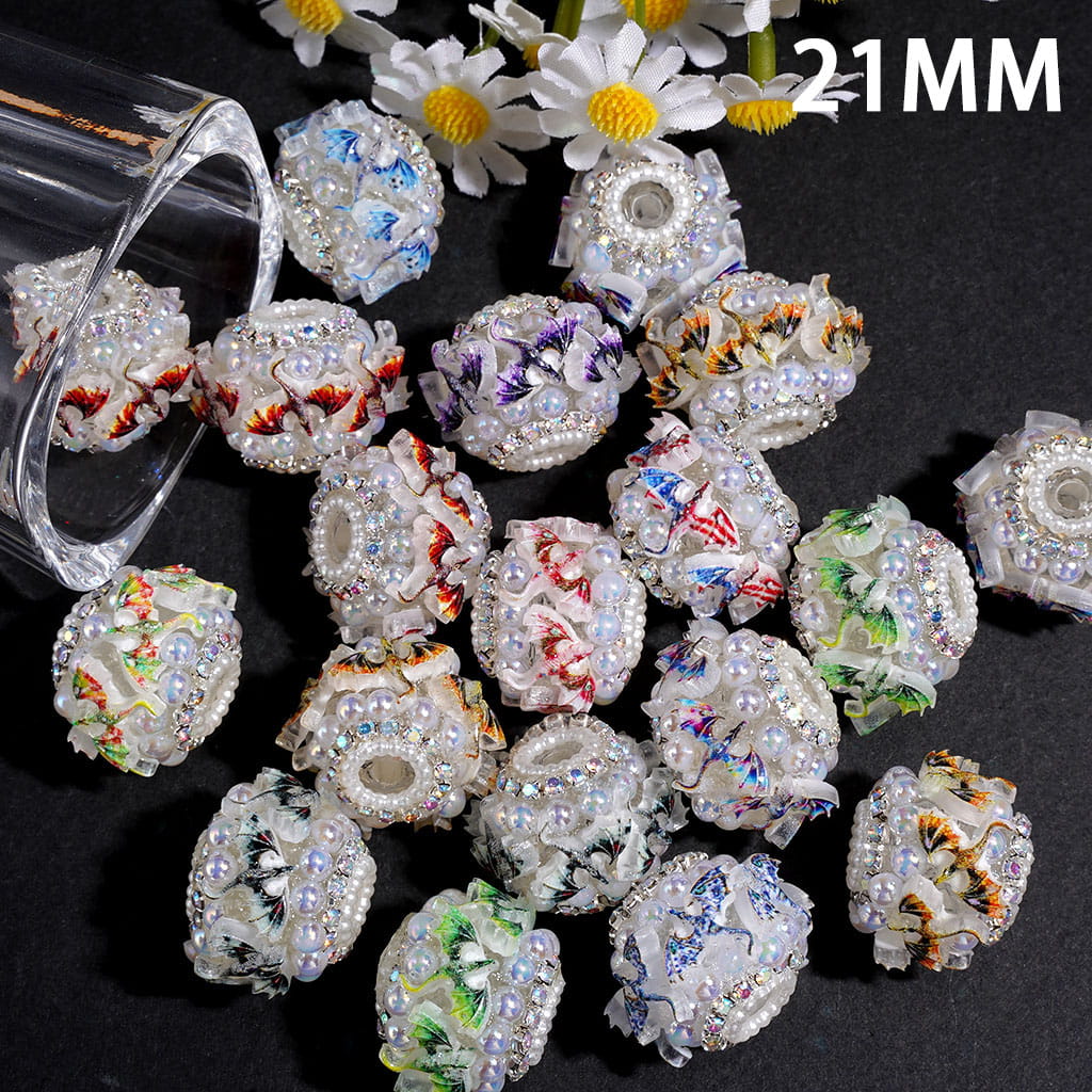 Handmade Acrylic Beads with Dragonbird & UV Coated Half-Shell Pearl, AB Rhinestone & White Pearl Chains, 21MM Multi-Color Random Mix