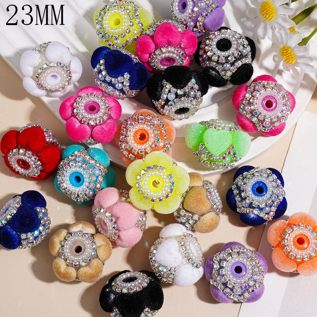 Handmade Acrylic Beads w Fluffy Heart Half-Shell White Pearl, AB Rhinestone & White Pearl Chains, 23MM Multi-Color Random Mix