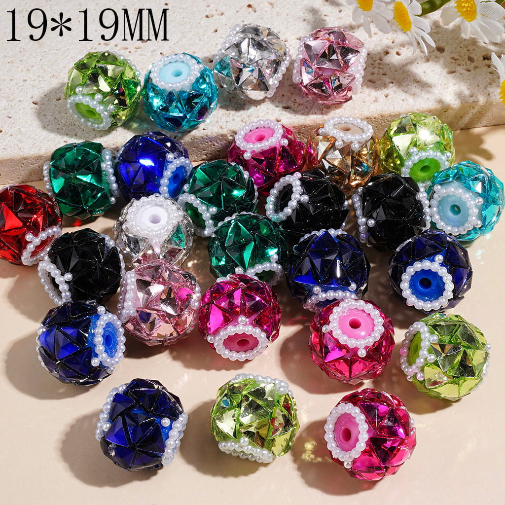 Handmade Acrylic Beads w Triangular Rhinestones, White Pearl Chains, 19*19MM Multi-Color Random Mix