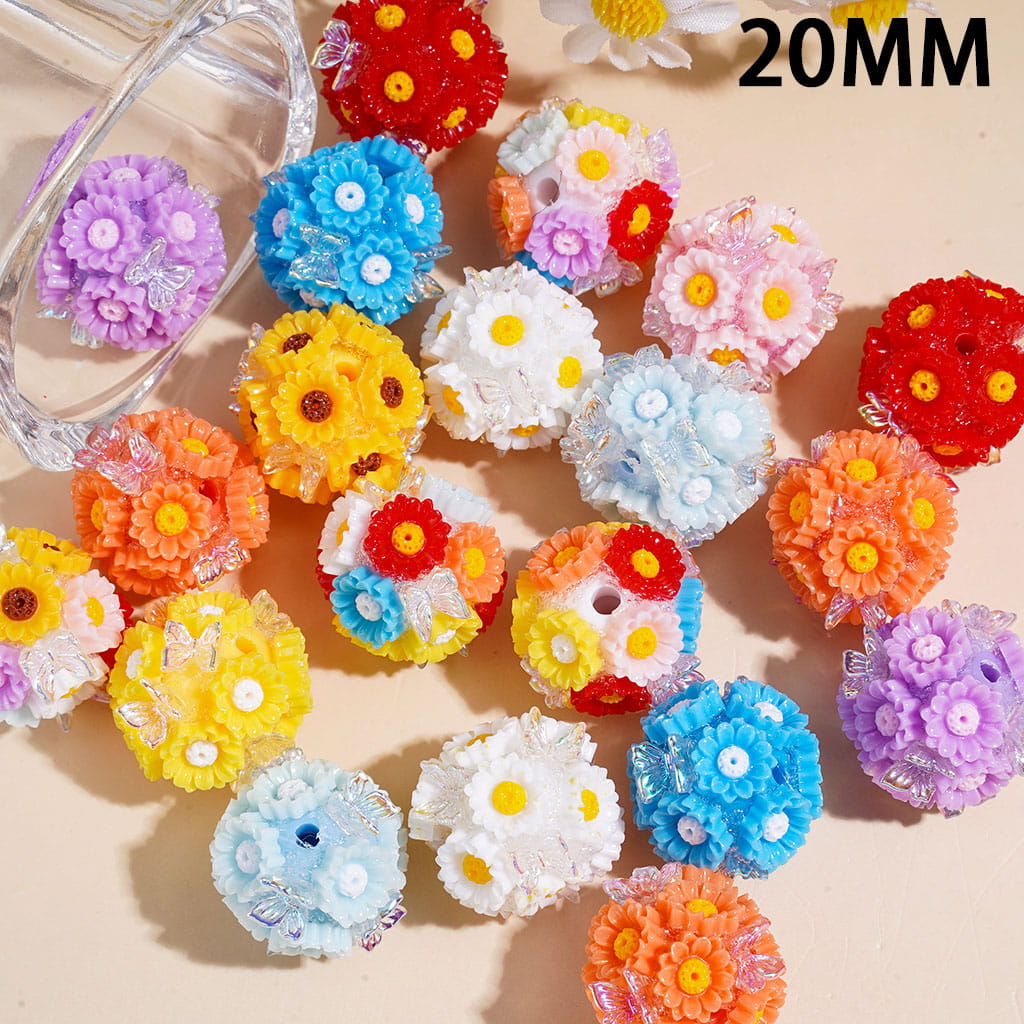 Handmade Acrylic Beads w Flower and UV-Coated Butterfly, 20MM Multi-Color Random Mix