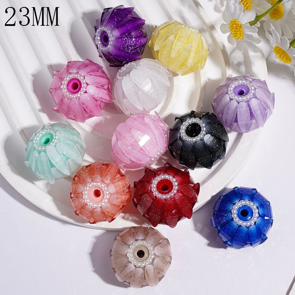 Two Layer Slender Flower Petal with Glitter Handmade Acrylic Beads, White Pearl Loop, 23MM, Assorted Colors, Random Mix