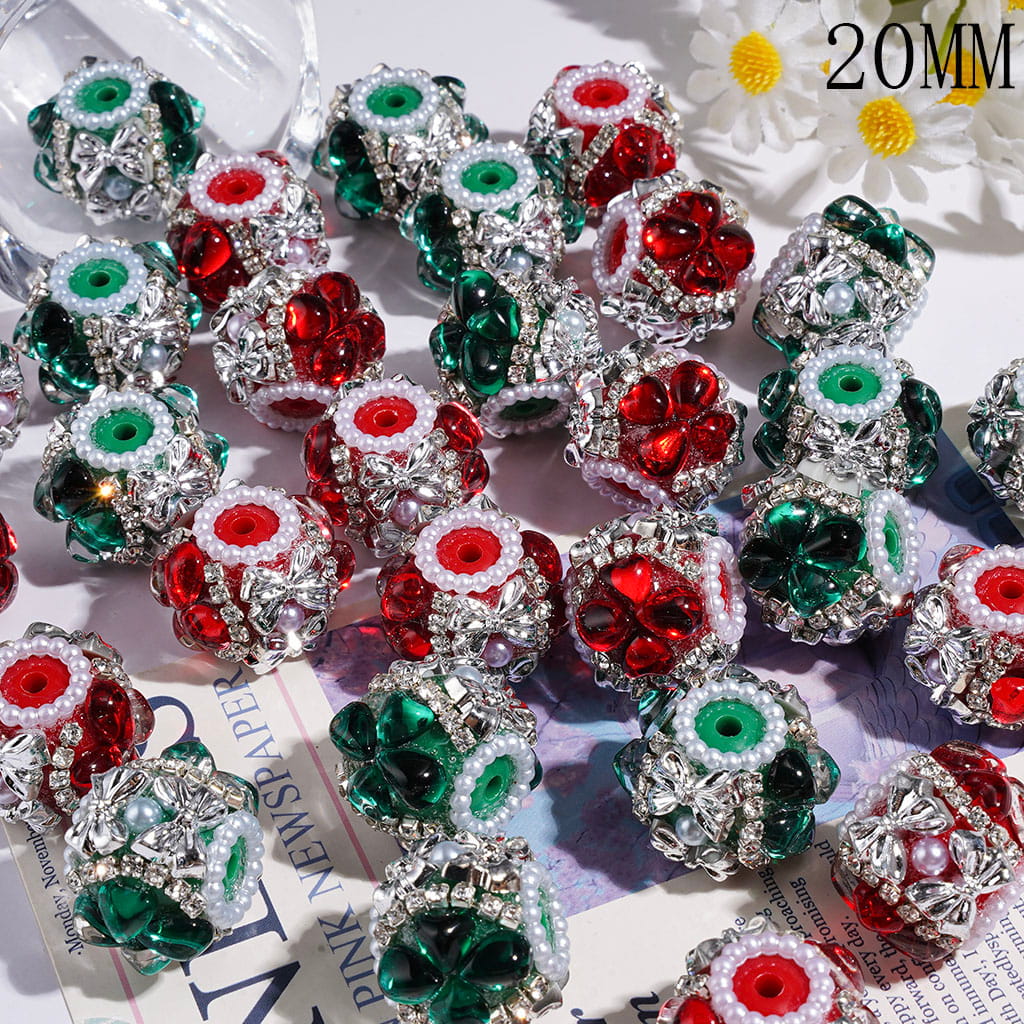 Handmade Acrylic Beads Christmas Theme w Teardrop & Heart Rhinestones, Silver Bowtie & Half-Shell Pearl, Clear Rhinestone & White Pearl Chains, Red and Green, 20MM Random Mix