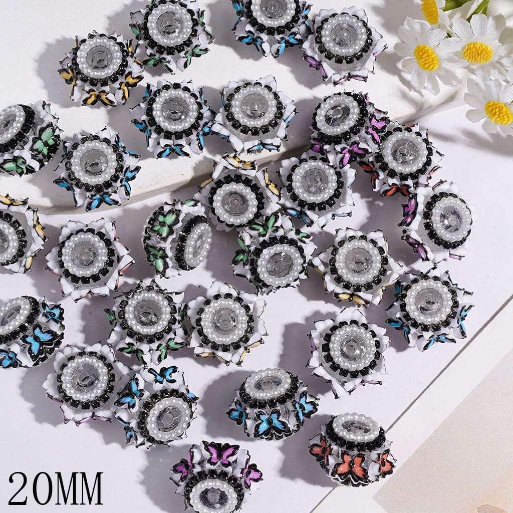 Handmade Acylic Beads with Black Edged Butterfly, Black Rhinestone & White Pearl Chains, 20MM Random Mix Multi-Color