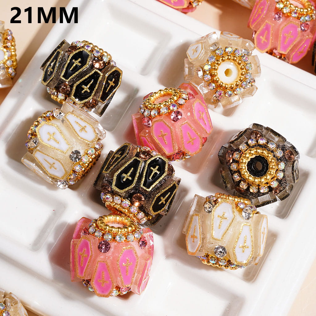 Handmade Acrylic Beads Halloween Series Coffin in Gold Edged Cross, Cone Shaped & AB Rhinestone Chains, Gold Pearl Chains, 21MM Multi-Color Random Mix