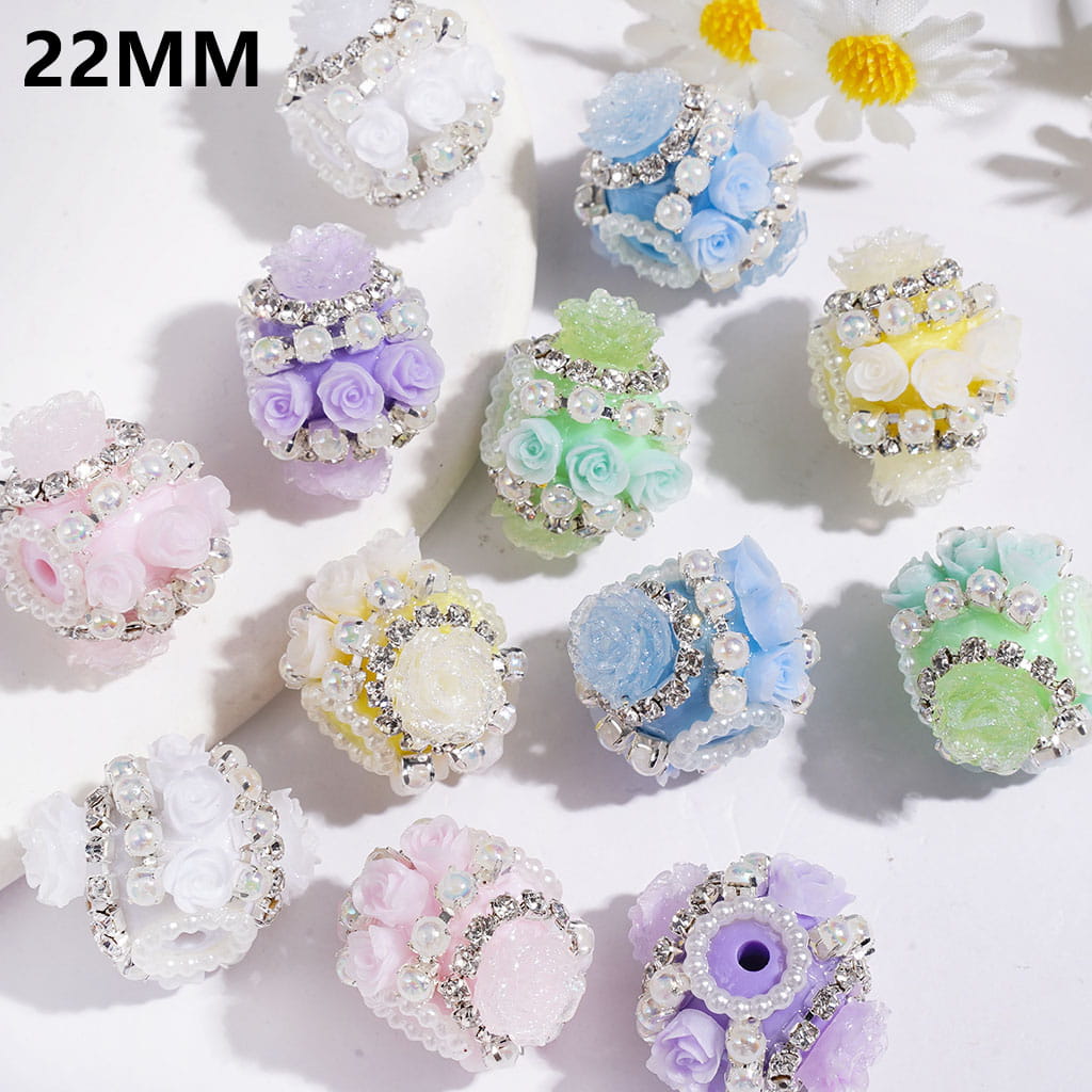 Handmade Acrylic Beads Glitter Big Rose Flower and Small Rose, Silver Metal Chains with Clear Rhinestones and White Pearl, 22MM Random Mix Multi-Color