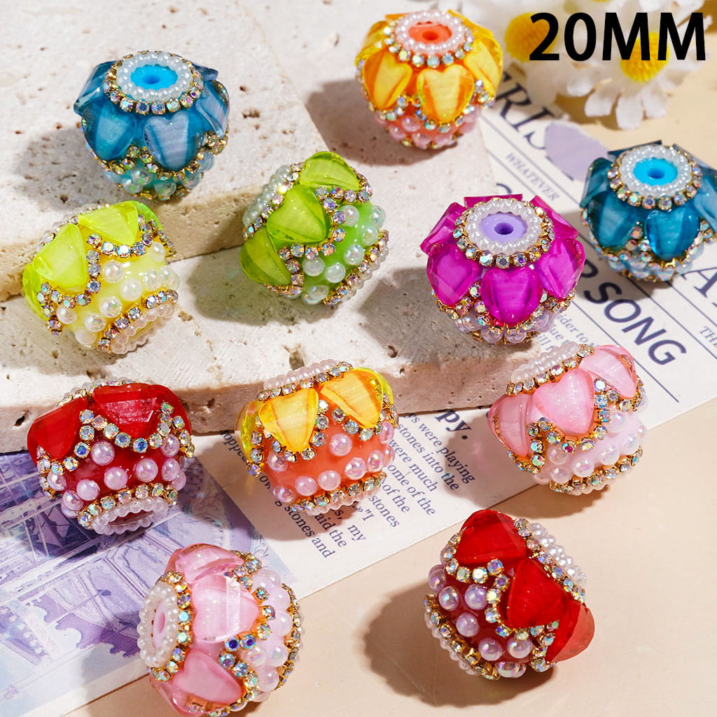 Hand-Made Acrylic Beads with Glittery Hearts & White Pearls, AB Rhinestones on Gold Metal Chains, Neon Color, 20MM, Random Mix (Slight Color Variance)