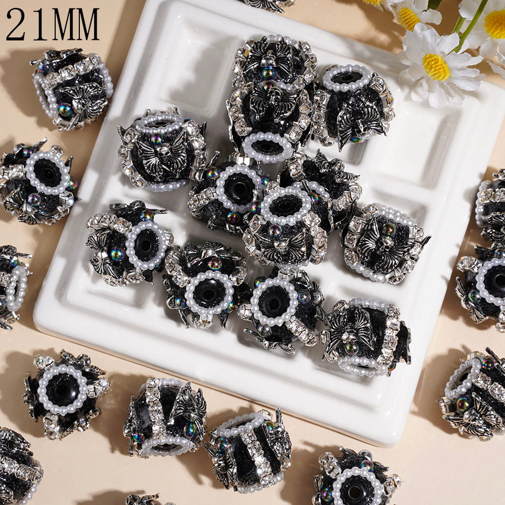 Handmade Acrylic Beads with Metal Skull Butterfly, Clear Rhinestone and White Pearl Chains on Black Background, 21MM