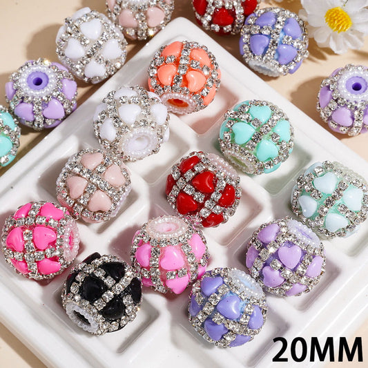 Cross Shaped Clear Rhinestone Chains & Heart Ornament Handmade Acrylic Beads, White Pearl Loop, 20MM, Multicolor, Random Mix