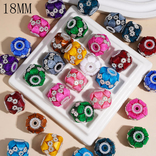 Handmade Acrylic Beads Heart Shape Rhinestone with Texture and Silver Flower, White Pearl Chains, 18MM Multi-Color Random Mix