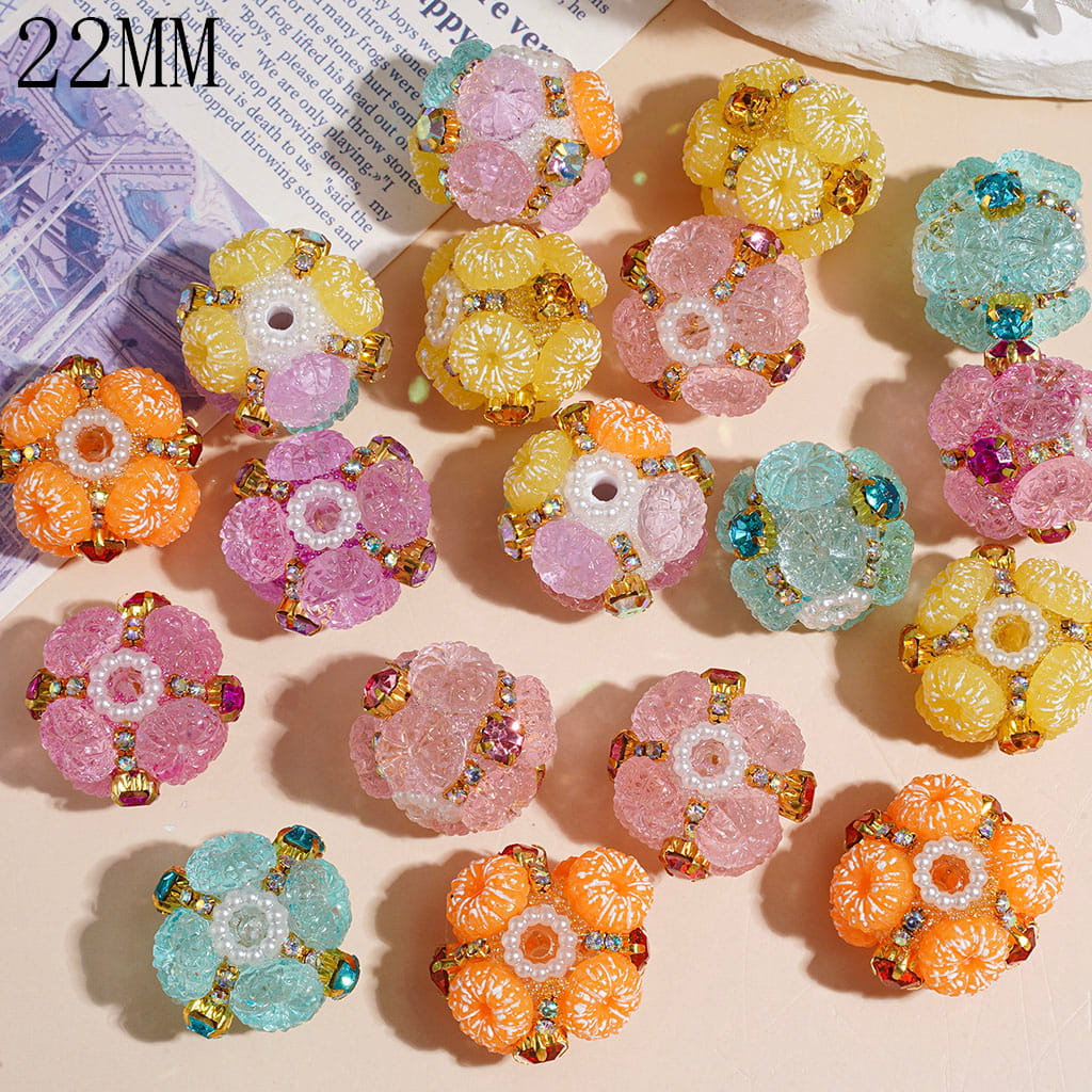 Hand-Made Acrylic Beads with Tiny Bubble Balls and Flat Pumpkin, White Pearl & Rhinestone Chains, 22MM Multi-Color Random Mix