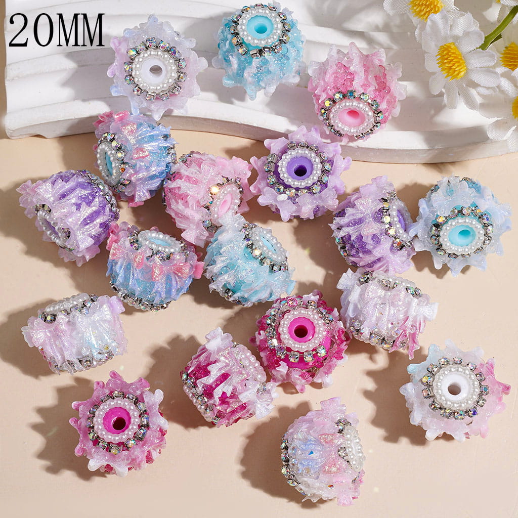 Handmade Acrylic Sugar Beads with Gradient Color Bowtie with Gold Glitter, AB Rhinestone and White Pearl Chains, 20MM Random Mix Multi-Color
