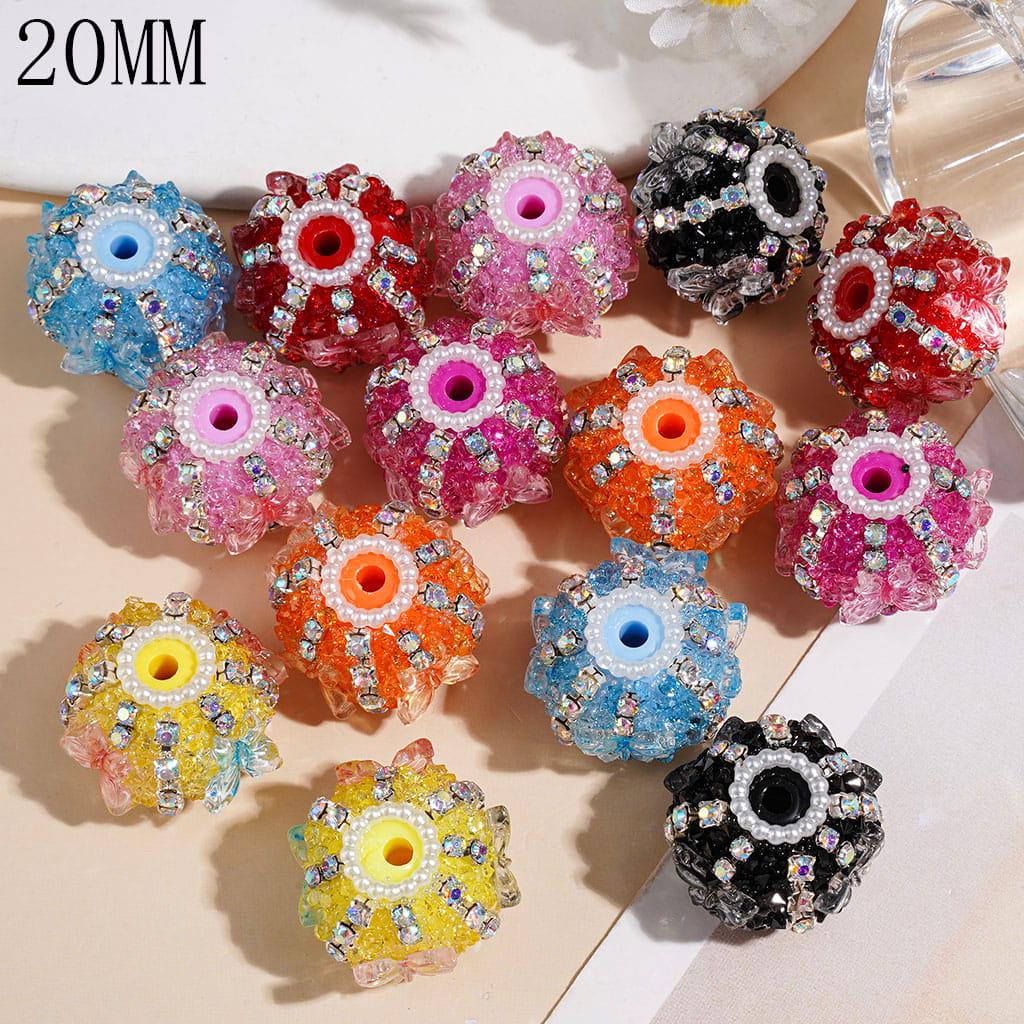 Handmade Acrylic Sugar Beads Translucent Butterfly with White Pattern, AB Rhinestones and White Pearl Chains, 20MM Multi-Color Random Mix
