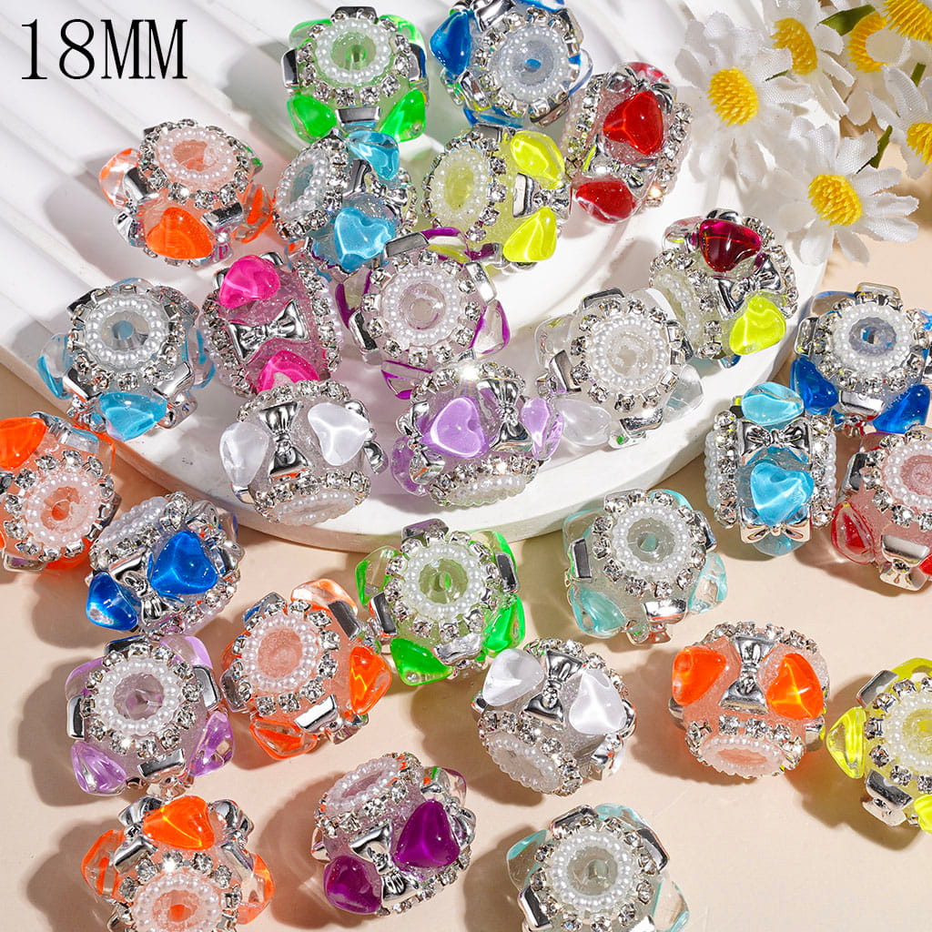 Handmade Acrylic Beads w Heart Shape Rhinestone & Silver Bowtie, Clear Rhinestones & White Pearl Chains, 18MM Random Mix Multi-Color