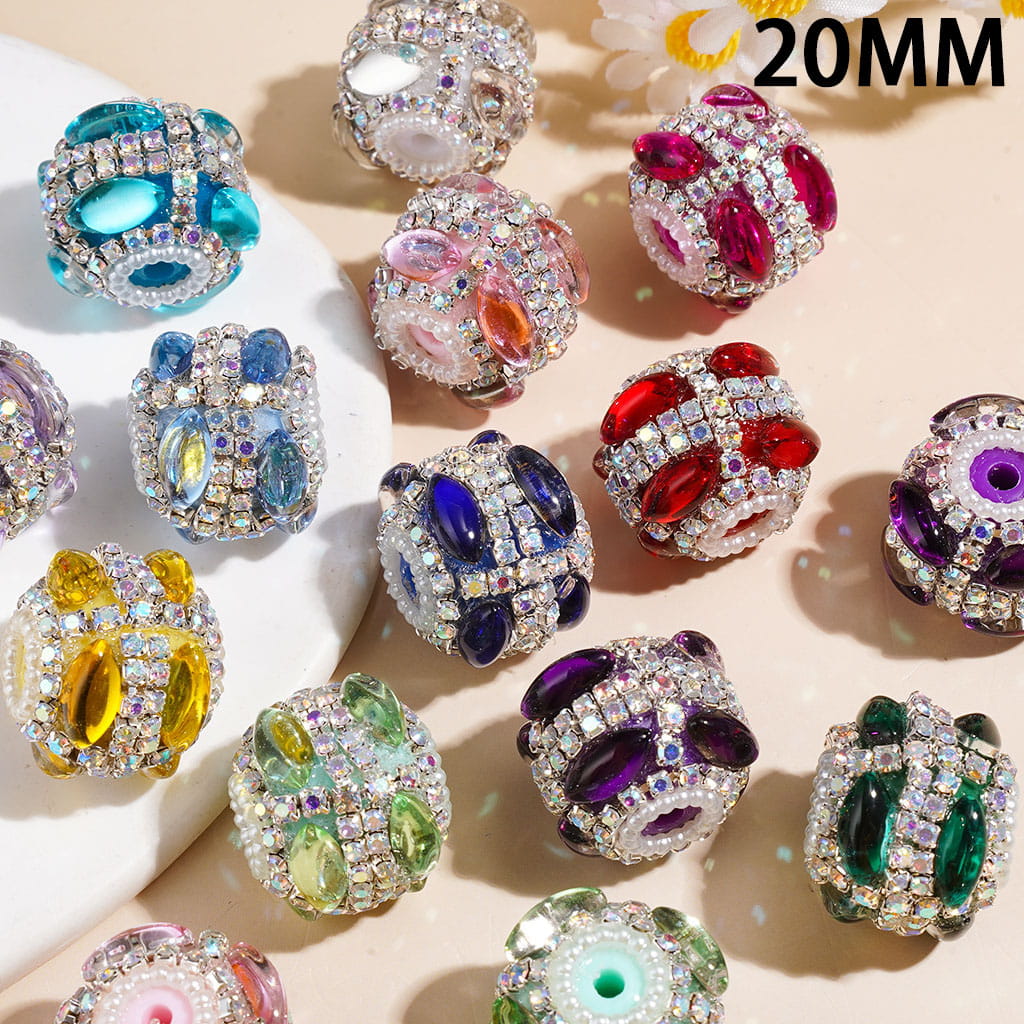 Handmade Acrylic Beads with Two Rows Marquise Cut Rhinestones, White Pearl & AB Rhinestones Chains, 20MM Multi-Color Random Mix