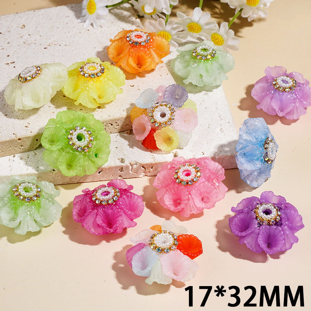 Handcrafted Acrylic Beads with Morning Glory Flower, AB Rhinestone and White Pearl Chains, 17*32MM, Multicolor, Random Mix