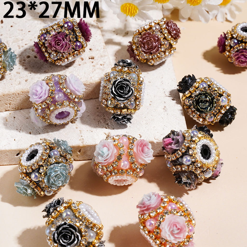 Handmade Acrylic Beads with Rose Flower and UV-Coated Half-Shell Pearl, White Pearl & Clear Rhinestones, 23*27MM Random Mix Multi-Color