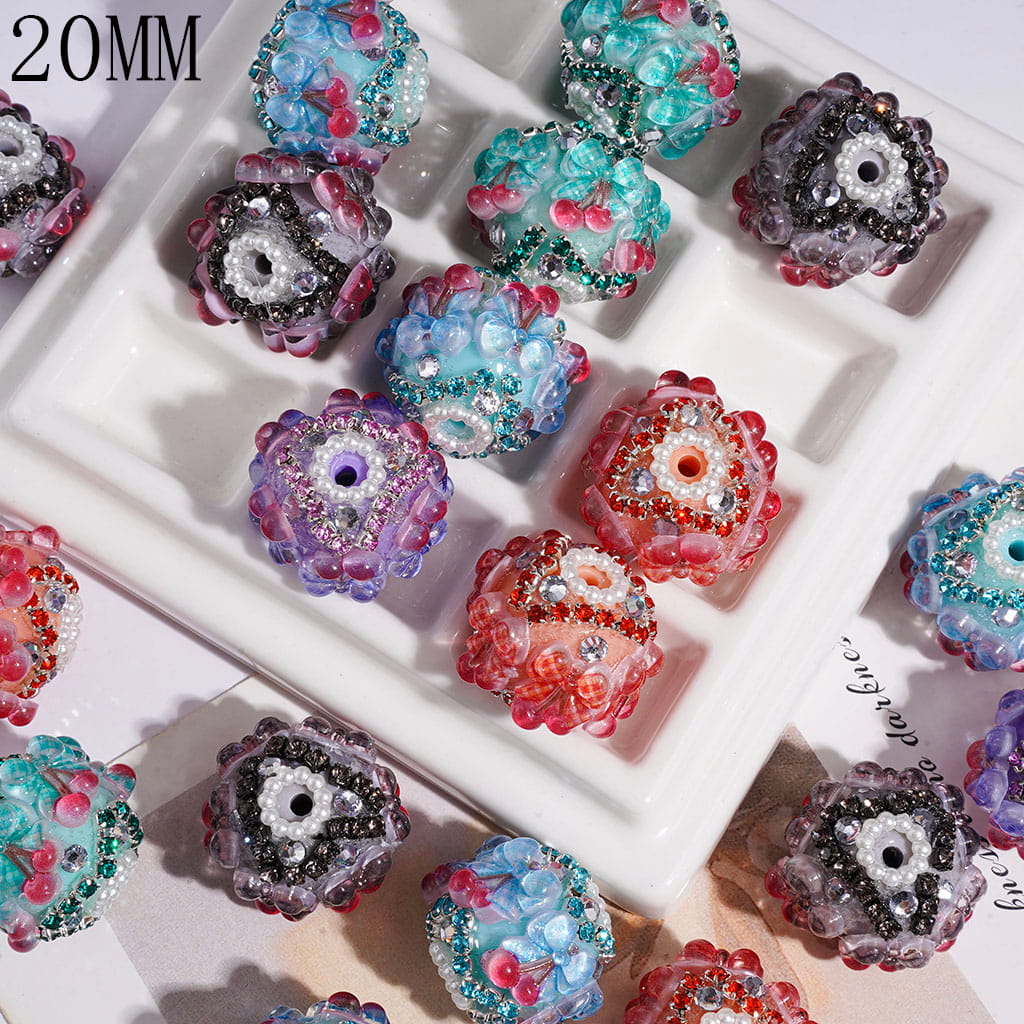 Clear Rhinestone & Cherry with Plaid Bowtie Handmade Acrylic Beads, Heart Shaped Rhinestone Chains & White Pearl Loop, 20MM Random Mix Multi-Color