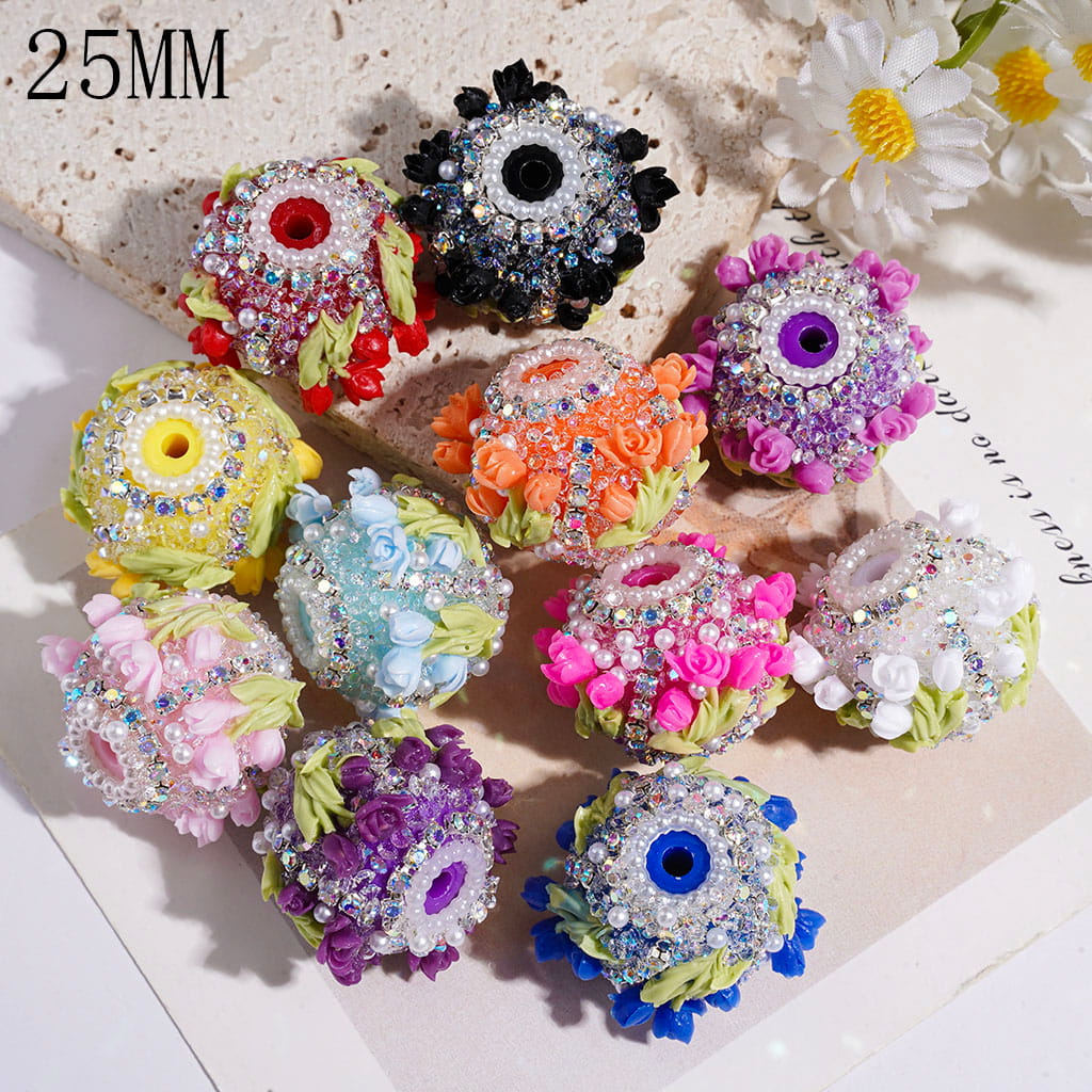 Hand-Made Sugar Beads with Tulip Flower Leaf & Cone Shaped Clear Rhinestones, AB Rhinestone & White Pearl Chains, 25MM, Multicolor, Random Mix
