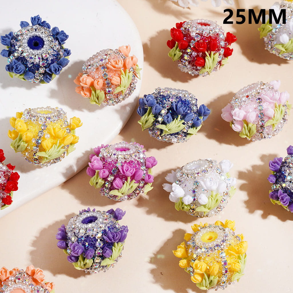 Hand-Made Sugar Beads with Tulip Flower Leaf & Cone Shaped Clear Rhinestones, AB Rhinestone & White Pearl Chains, 25MM, Multicolor, Random Mix