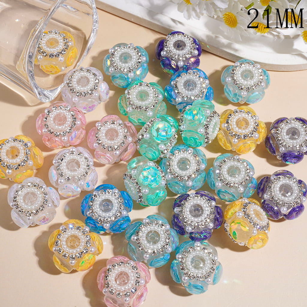 Handcrafted Acrylic Beads Clear Half Round with Leaf Shaped Sequins, White Pearl and Clear Rhinestone Chains, 21MM, Various Colors, Random Mix