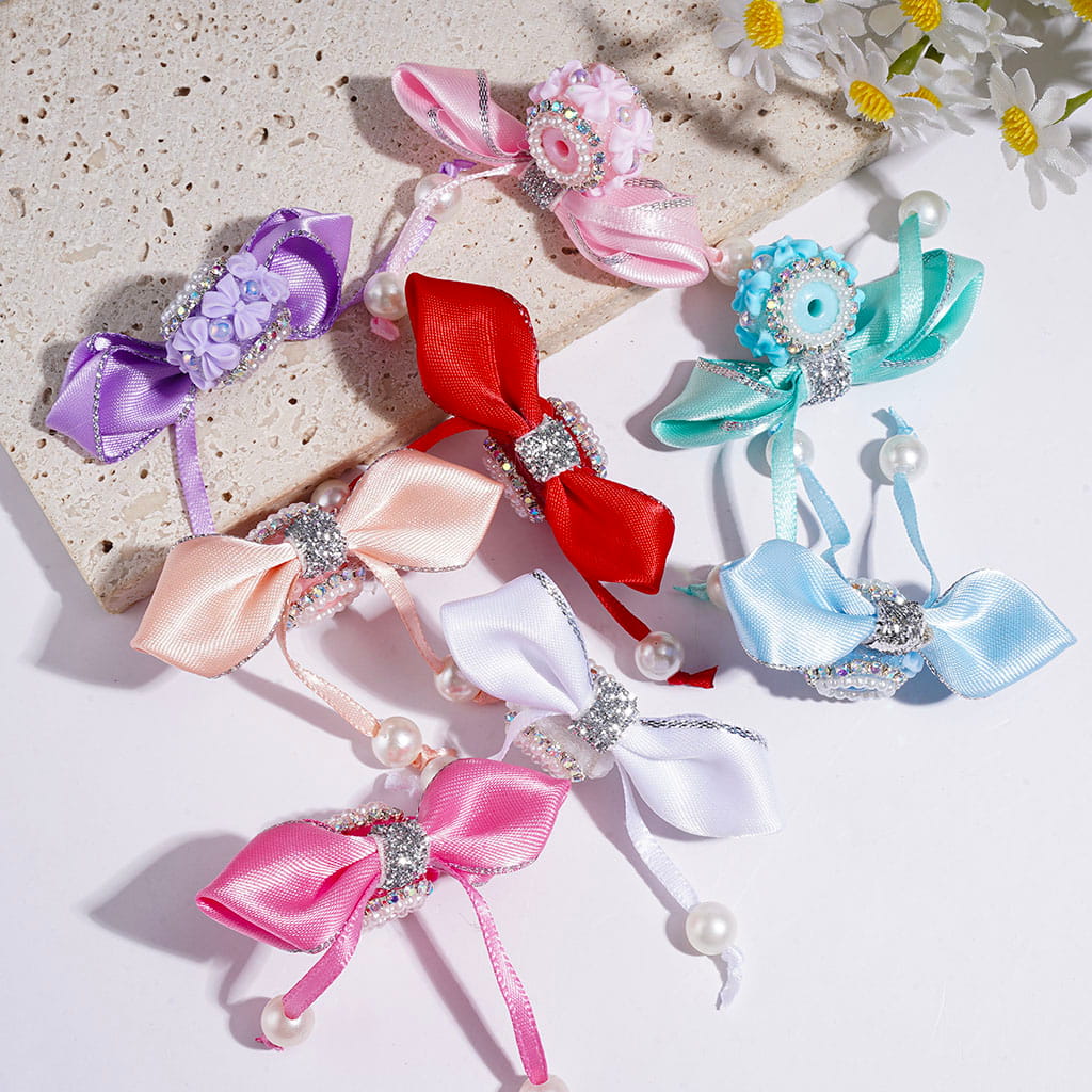 Handmade Fabric Bowtie with Short Metallic Silver Foil Streamer Fringe Pearls Acrylic Beads, Bow & Half-Faced Pearls, AB Rhinestone & White Pearl Chains, Random Mix