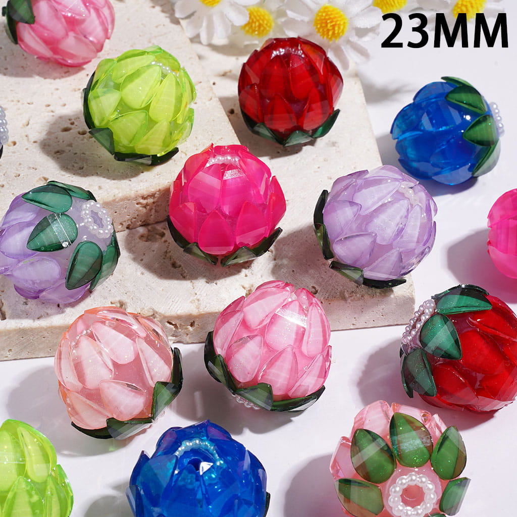 Handmade Acrylic Beads Flower Bud with Glittery Water Drop Rhinestone and White Pearl Chains, 23MM Multi-Color Random Mix