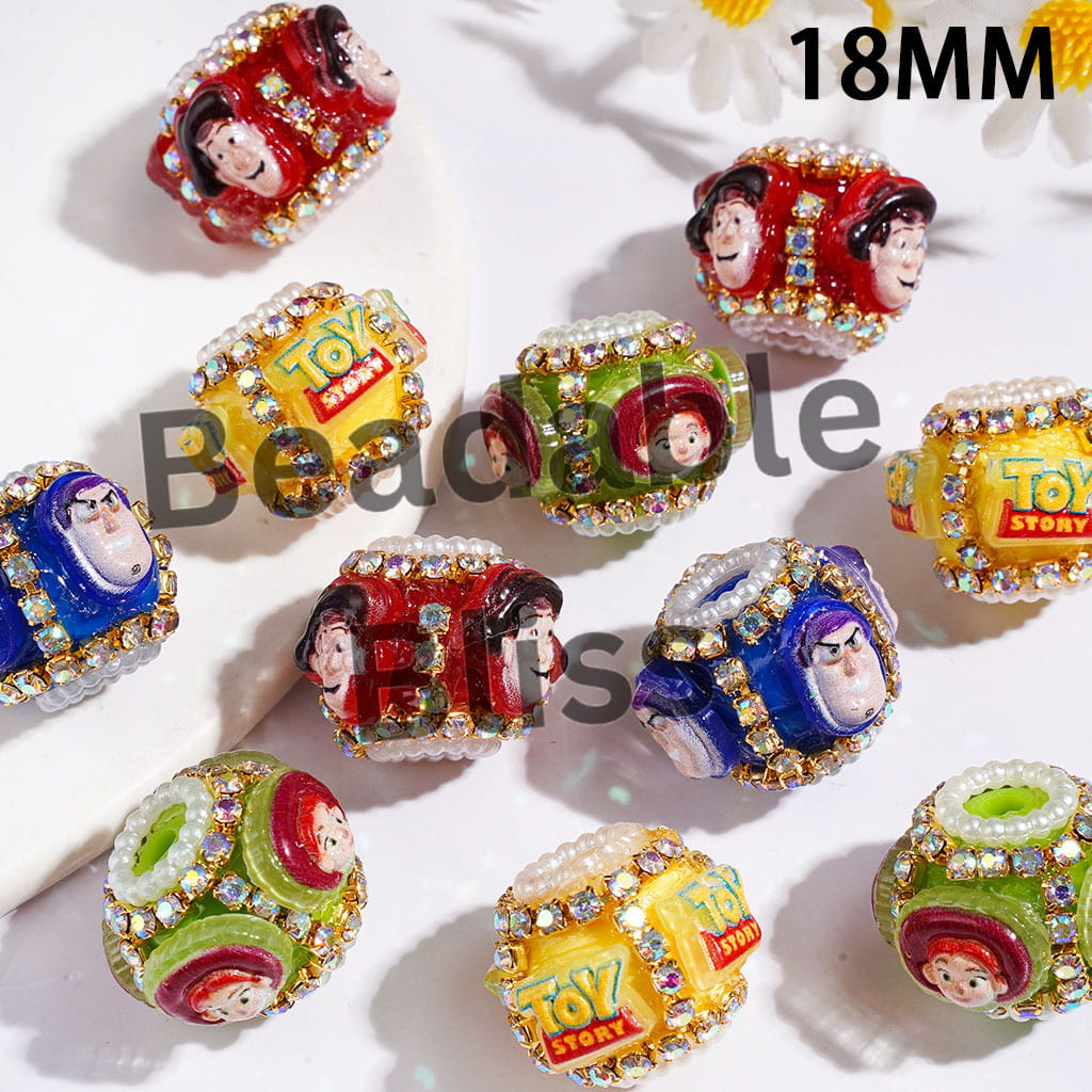 Handmade Acrylic Beads with Toy Adventure Character Series, AB Rhinestone and White Pearl Chains, 18MM Multi-Color Random Mix
