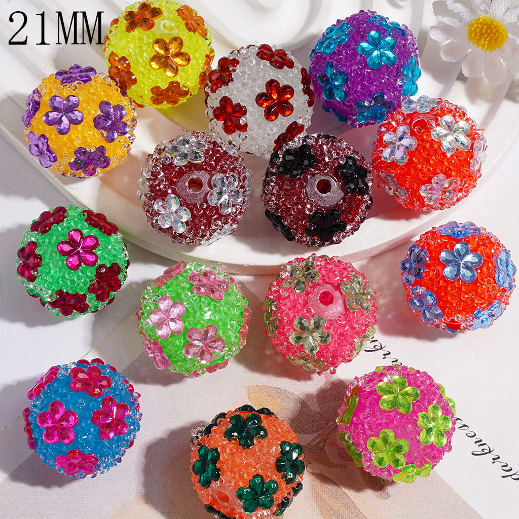 Handmade Acrylic Sugar Beads with Cone Shaped Clear Rhinestone and Five-Petaled Flower, 21MM Random Mix Multi-Color