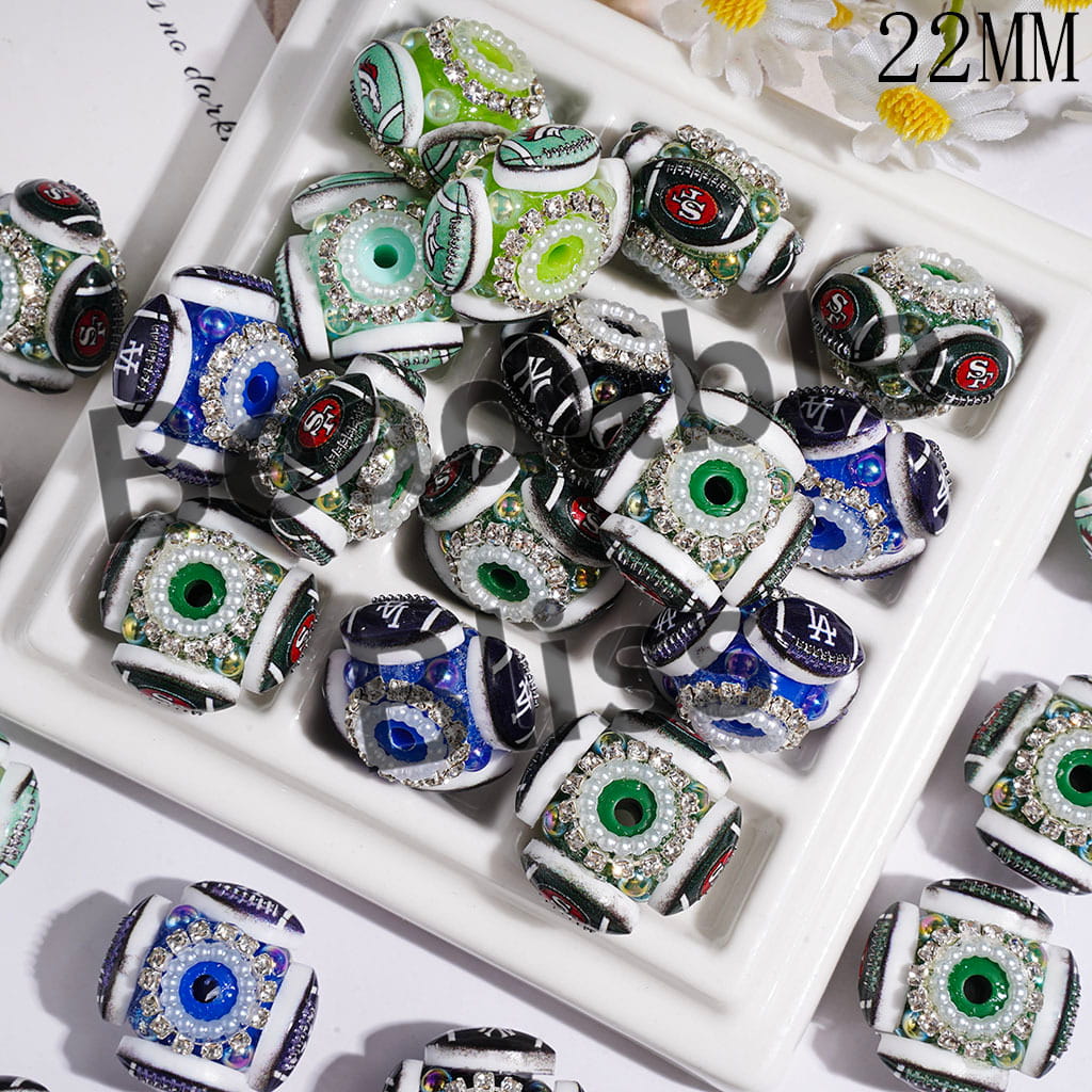Handmade Acrylic Beads American Football Baseball Team and UV-Coated Half-Shell Pearl, Silver & Gold Chains with AB Rhinestone, 22MM Random Mix