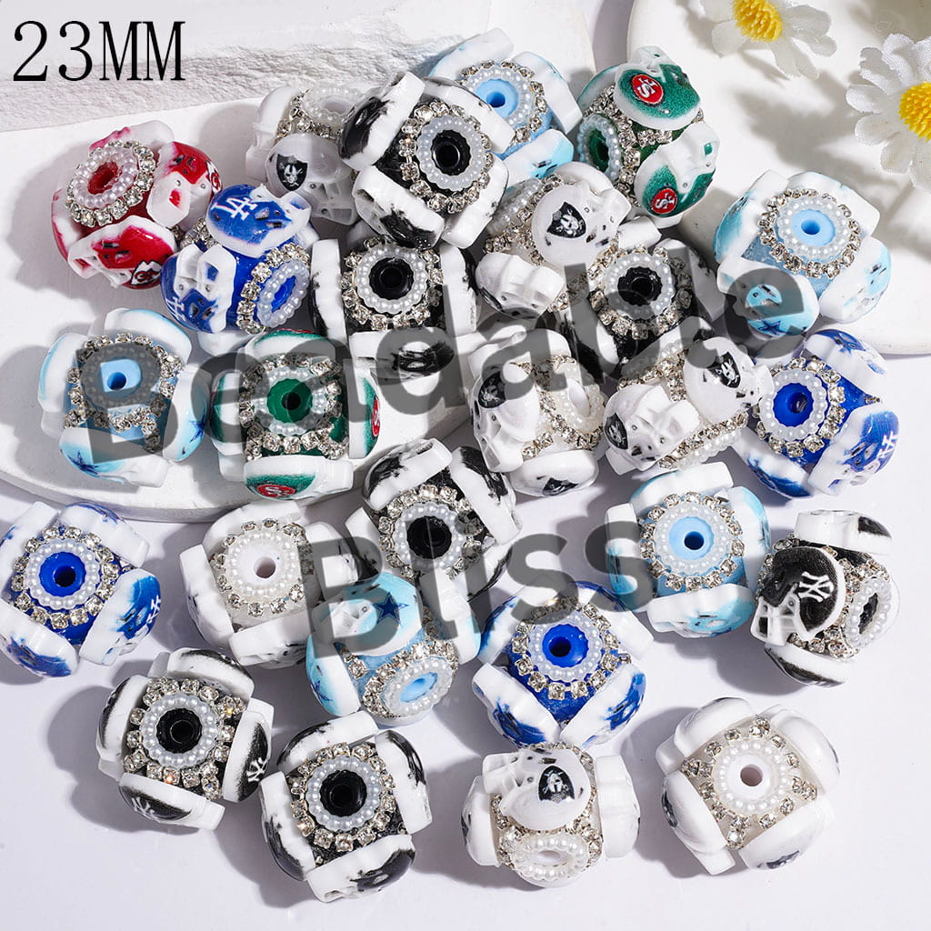 Handmade Acrylic Beads with American Football Helmet, Clear Rhinestone and White Pearl Chains, 23MM Random Mix Multi-Color