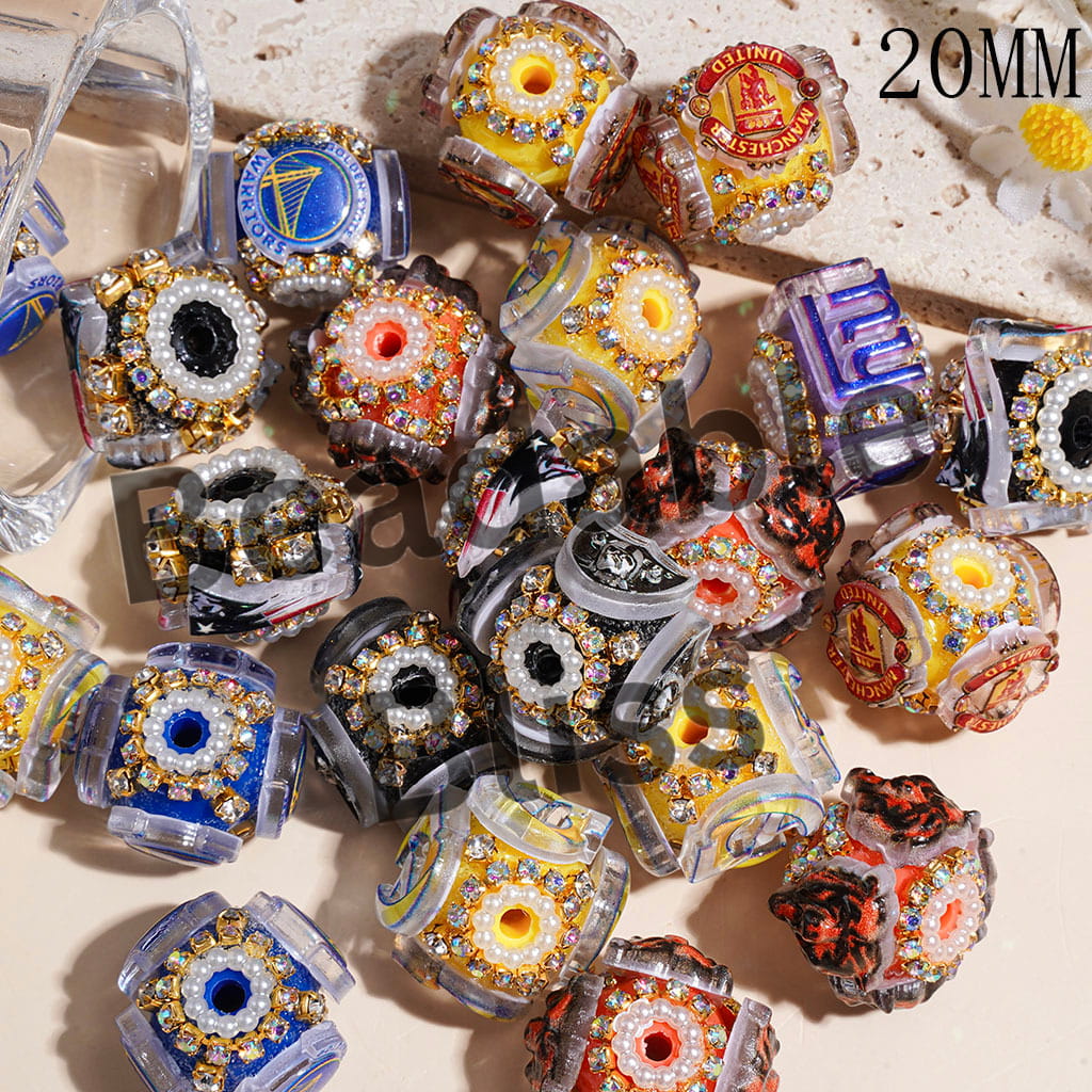 Handmade Acrylic Beads with Various Football Team Emblem, White Pearl and AB Rhinestone Chains, 20MM Random Mix