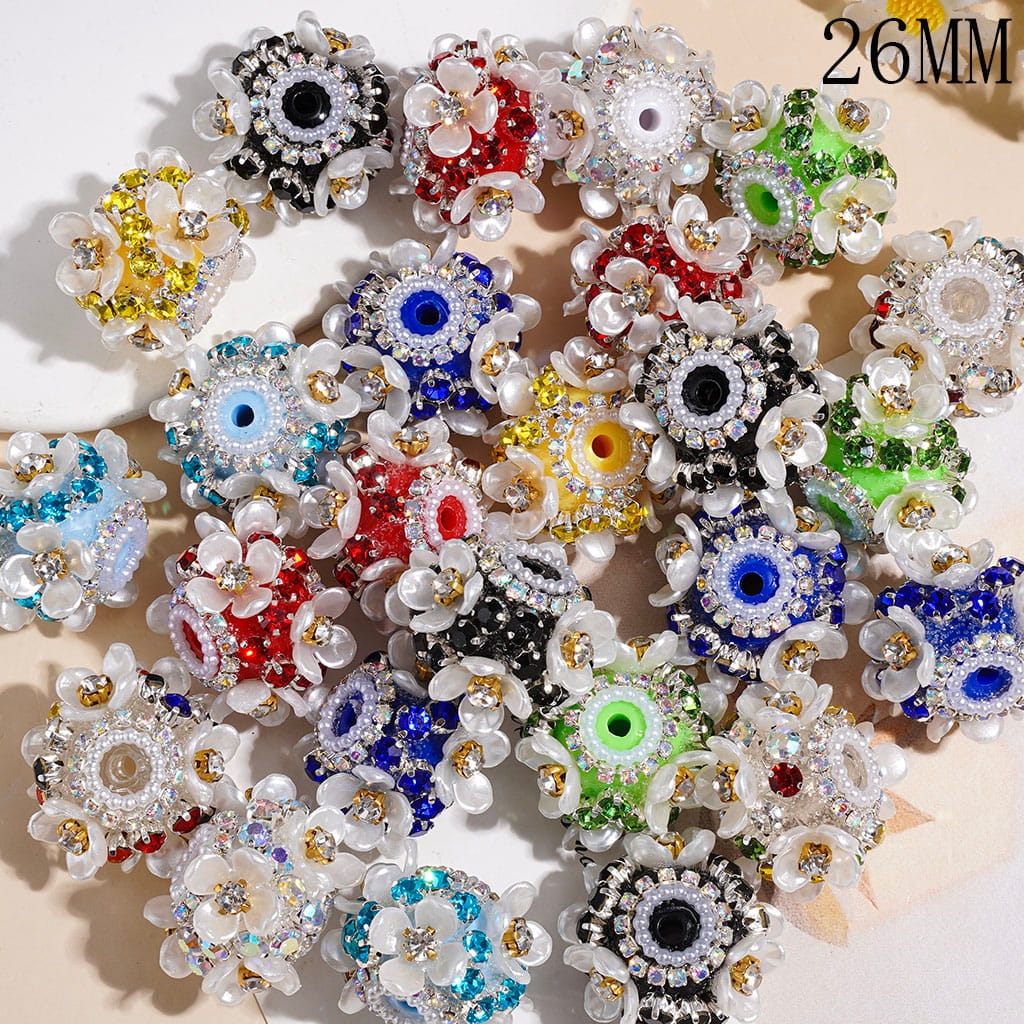 Handmade Acrylic Beads with White Four-Petaled Flower and Various Colors Rhinestone Chains, White Pearl Chains, 26MM Random Mix