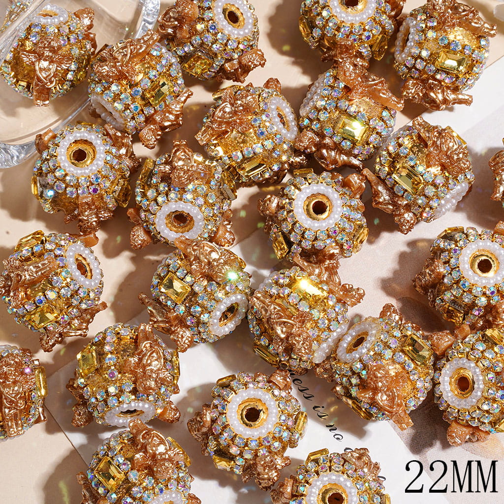 Handmade Acrylic Beads with Angel and Yellow Rectangular Rhinestone, White Pearl and AB Rhinestone Chains on Gold Background, 22MM