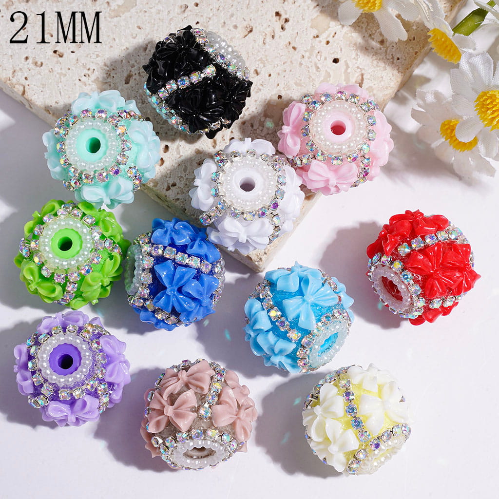 Handmade Acrylic Beads with Double Bowtie, AB Rhinestone and White Pearl Chains, 21MM Multi-Color Random Mix