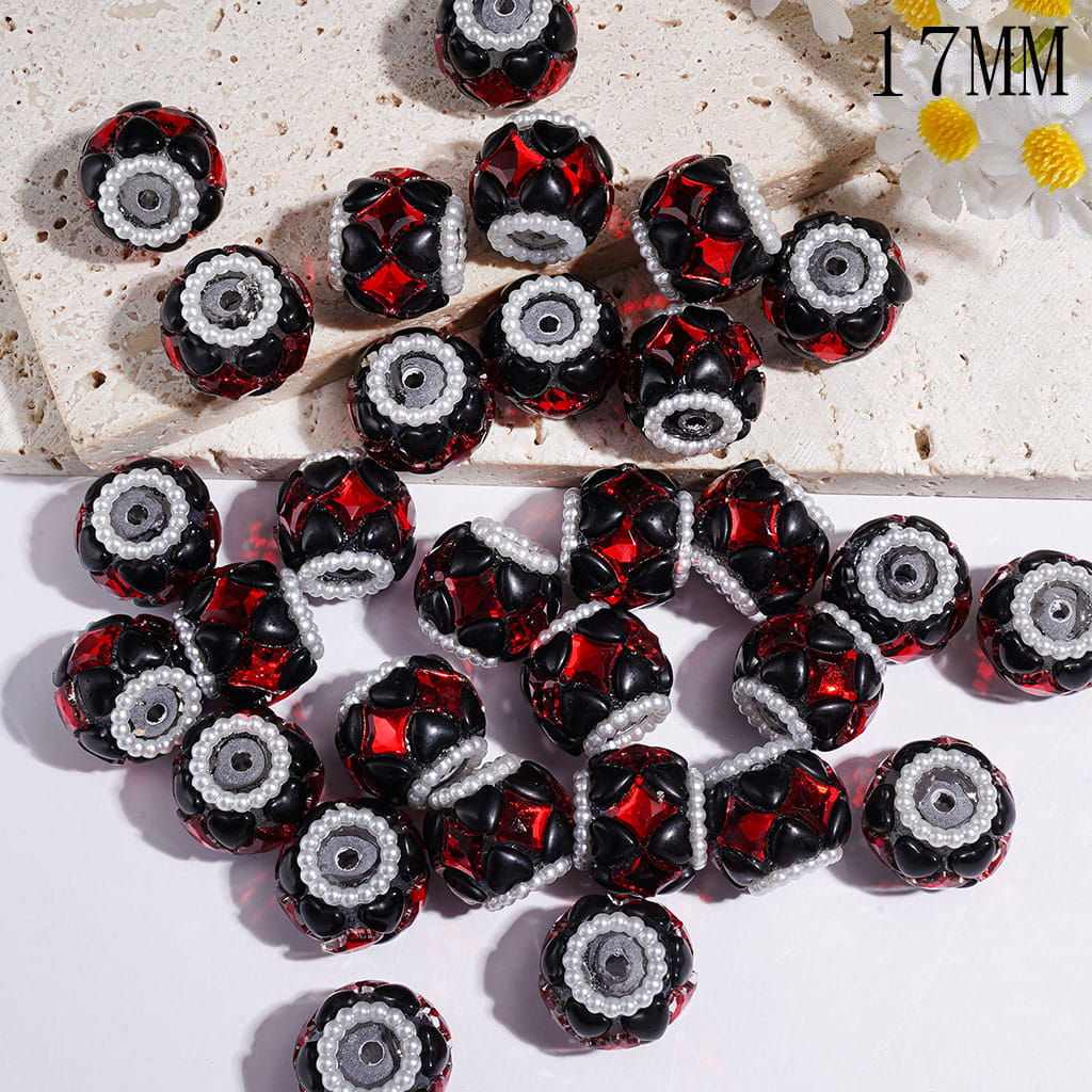 Handmade Acrylic Beads with Black Heart and Red Diamond Shaped Rhinestones, White Pearl Chains, 17MM