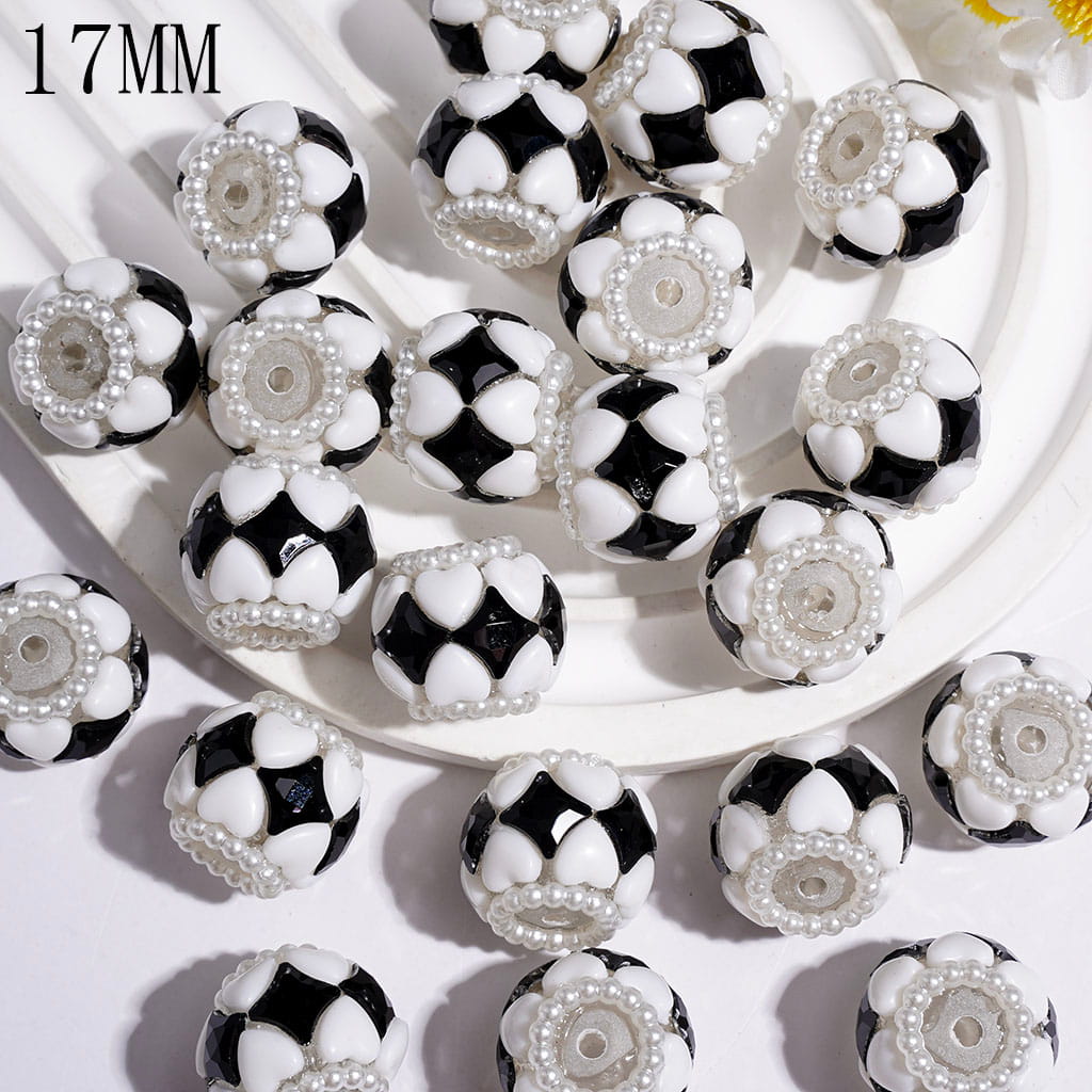 17MM - Hand-Made Acrylic Beads with White Heart Rhinestones and Black Diamond Crystals, White Pearl Loop