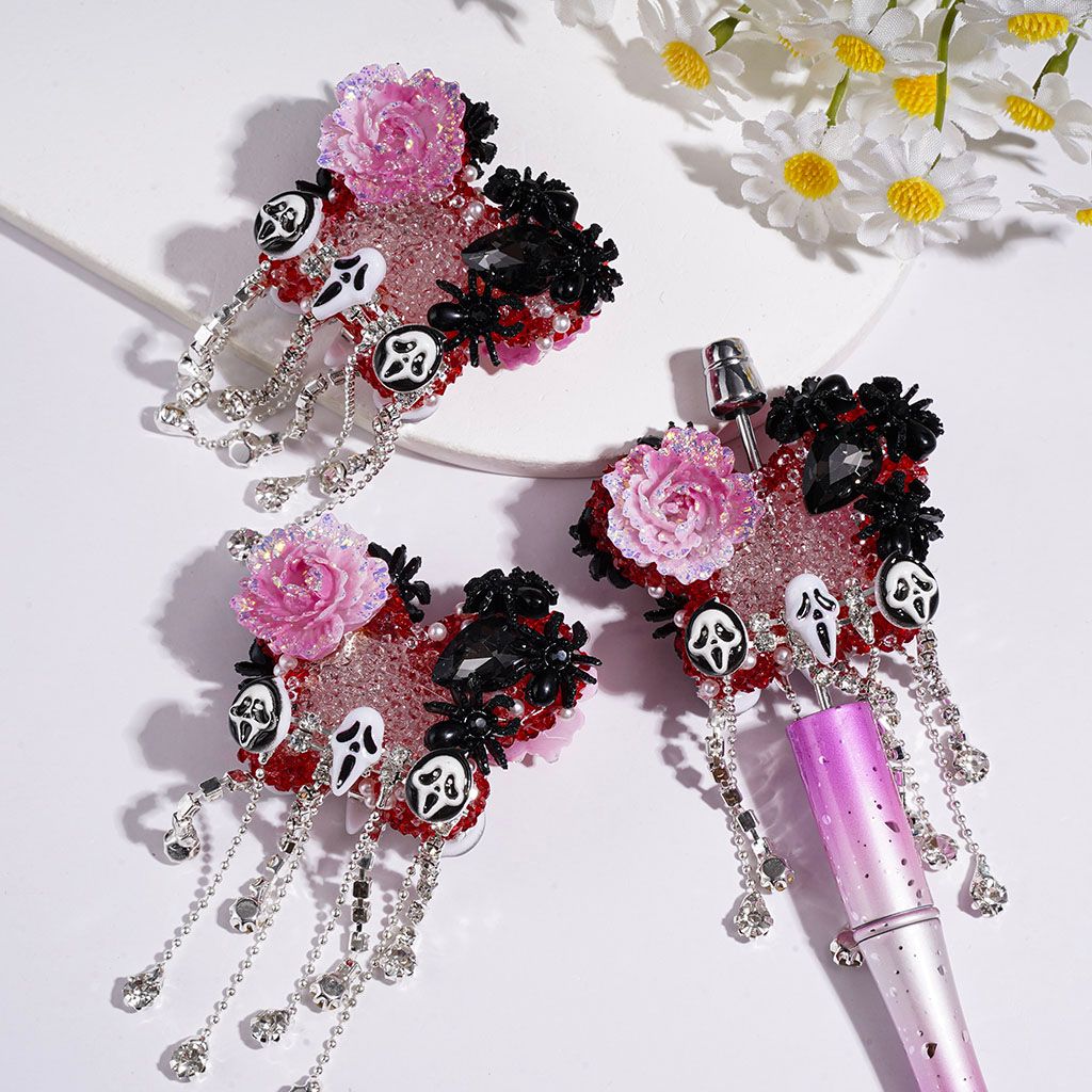 Handmade Acrylic Sugar Beads Butterfly w Horror Mask Skull Spider Flower with Gold Foil Paper Water Drop Rhinestone, White Pearl and Cone-Shaped Rhinestone, Clear Rhinestone Tassel