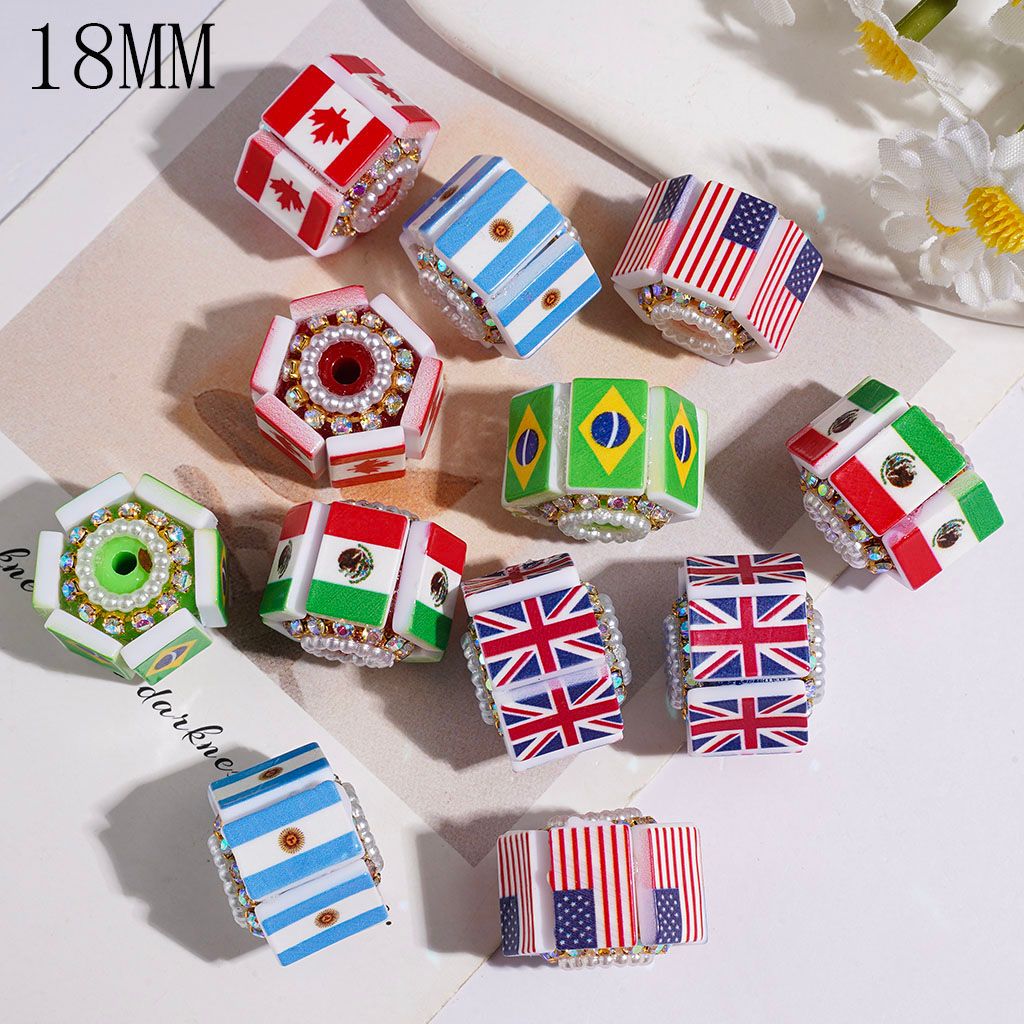 Handmade Acrylic Beads with Various Country Flag in Rectangle Shape, AB Rhinestone Chains and White Pearl Loops, 18MM, Random Mix