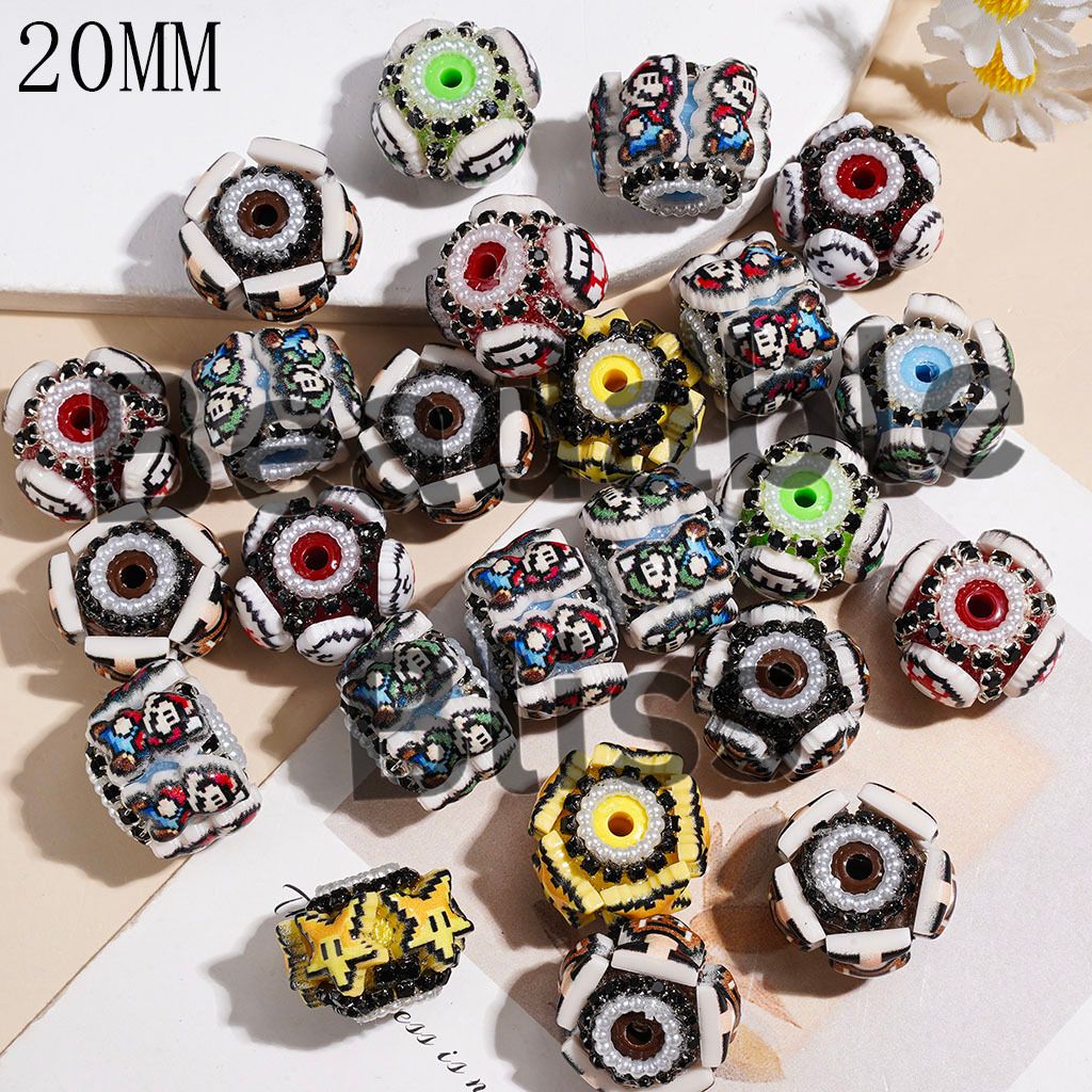 Handmade Acrylic Beads with Plumber Character Series, Black Rhinestone & White Pearl Chains, 20MM Random Mix