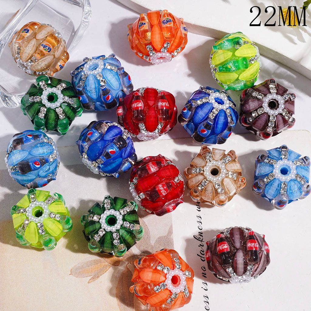 Handmade Acrylic Beads with Soda Drink Bottle and Glittery Leaf Rhinestones, White Pearl Loop and Clear Rhinestones, 22MM Random Mix