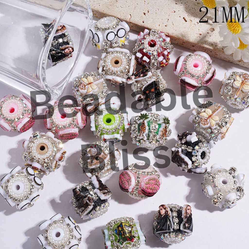 Hand-Made Wizard Boy Character Magic Tool Series Acrylic Beads, with Rhinestone Chains & White Pearl Loop, 21MM Random Mix