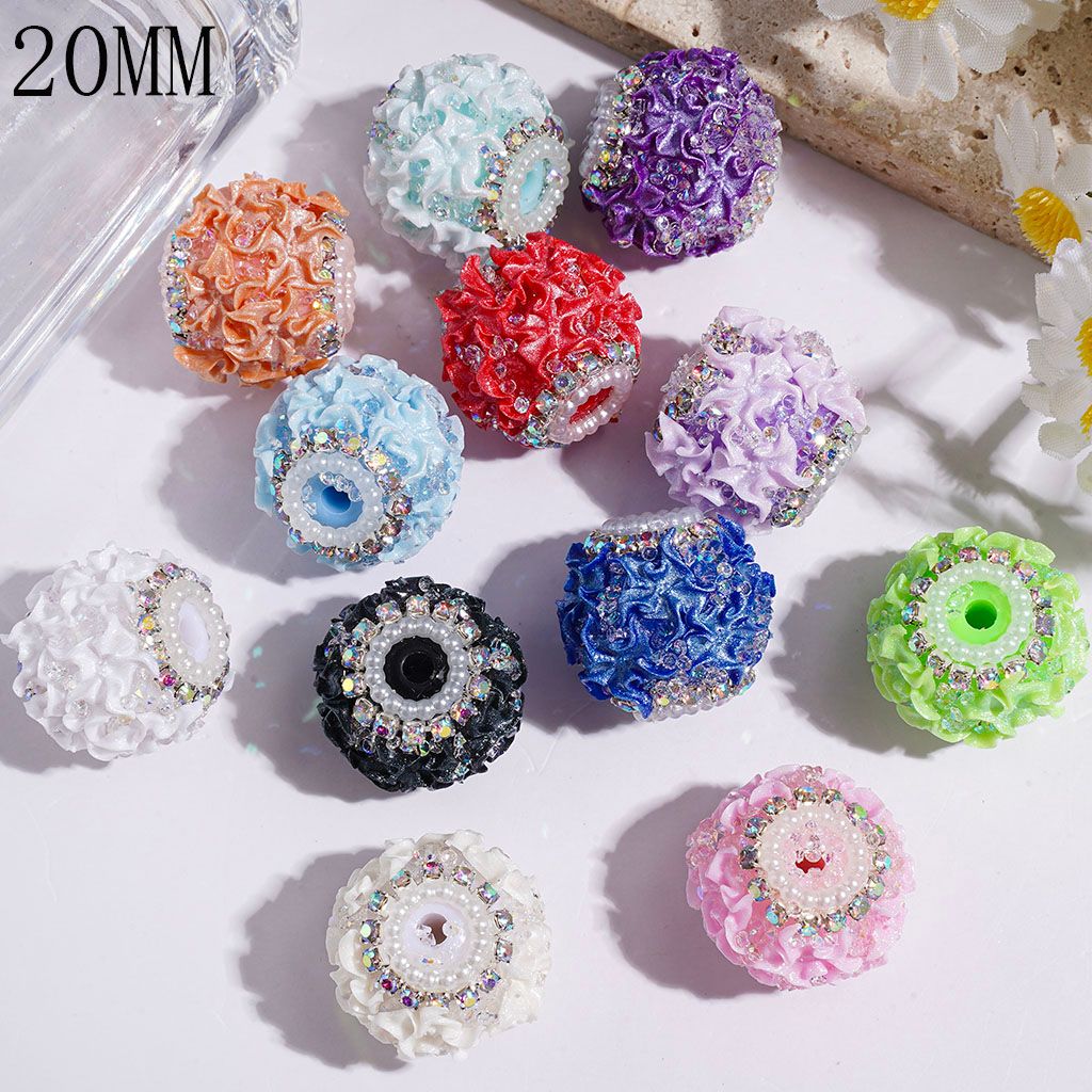 Wrinkled Flower with Shiny Glitter & Cone Shaped Rhinestones Handmade Acrylic Beads, AB Rhinestone & White Pearl Chains, 20MM, Assorted Colors, Random Mix