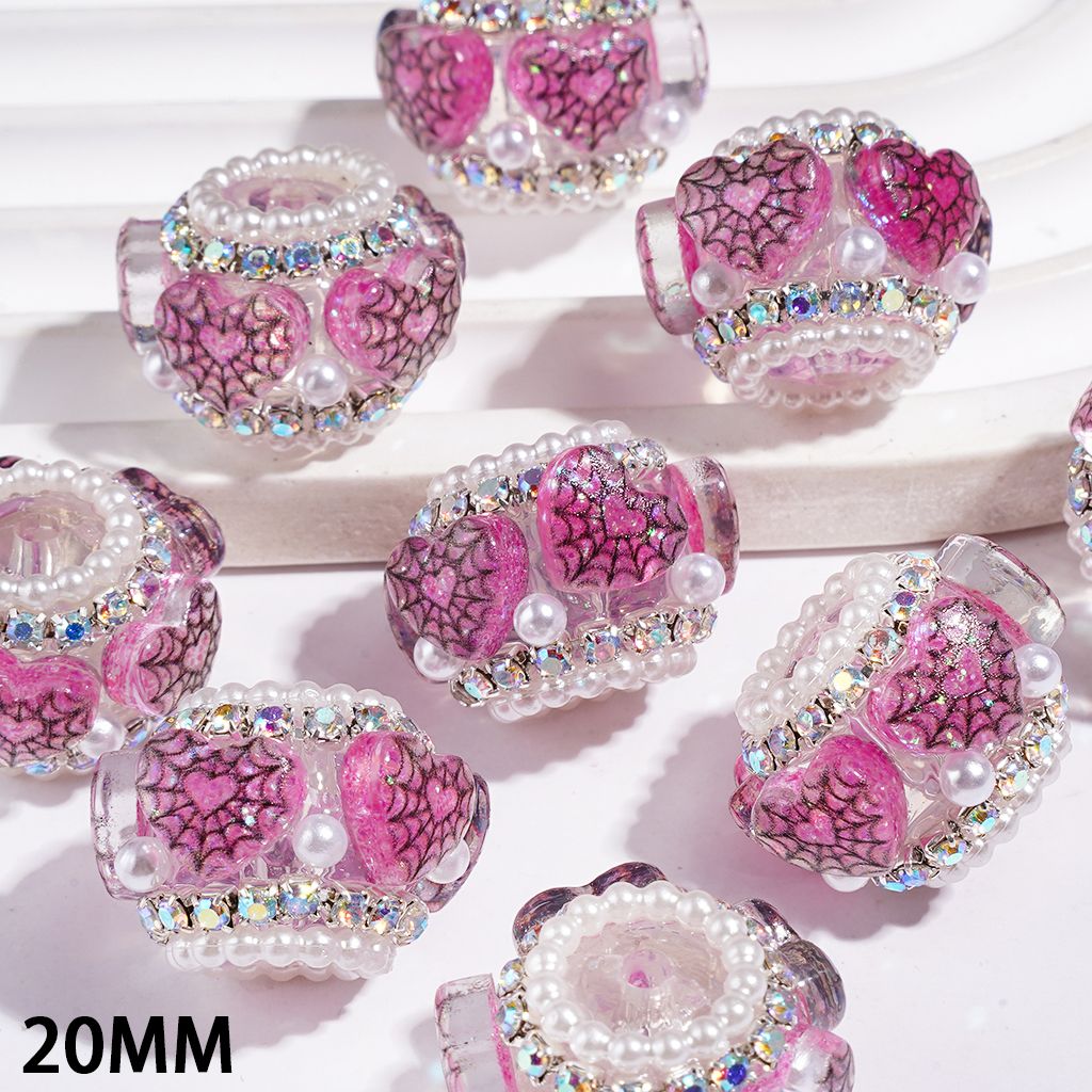Handmade Acrylic Beads Heart with Spider Web Pattern and Pearl, AB Rhinestone and White Pearl Chains, 20MM