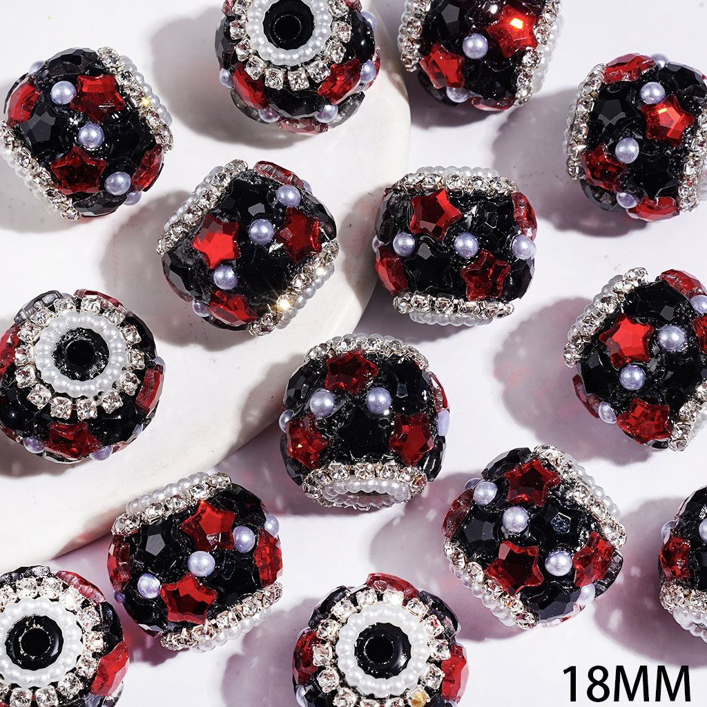 Handmade Acrylic Beads with Black Red Star Rhinestones and Half-Shell White Pearl, Clear Rhinestone and White Pearl Chains, 18MM