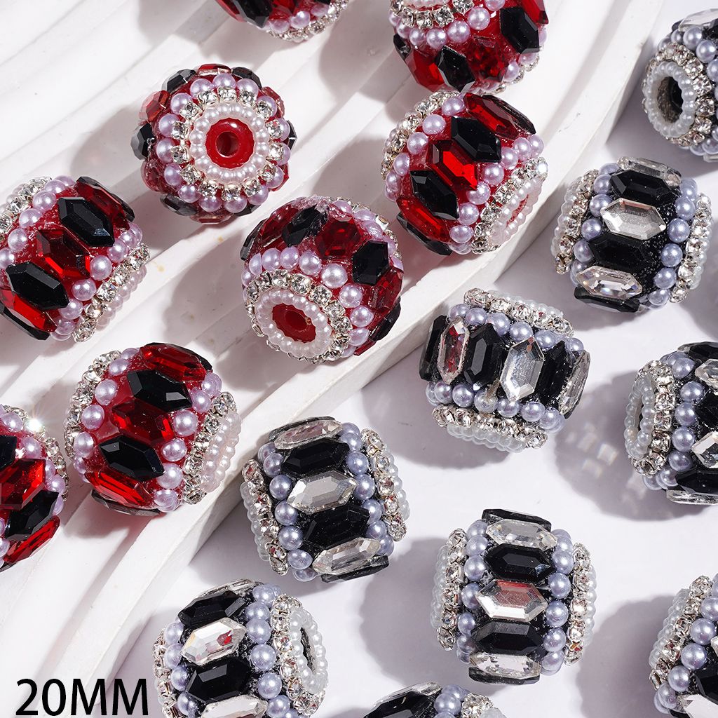 Handmade Acrylic Beads with Black Red Clear Hexagon Shaped Rhinestones and Half-Shell White Pearl, AB Rhinestone and White Pearl Chains, 20MM Random Mix