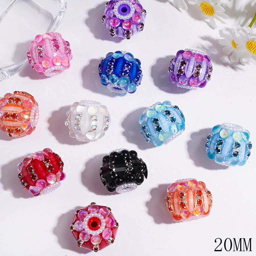 Handmade Acrylic Beads Marquise Cut Rhinestone with Glitter and UV-Coated Half-Shell Rhinestones, White Pearl and Short Rhinestones Chains, 20MM Multi-Color Random Mix